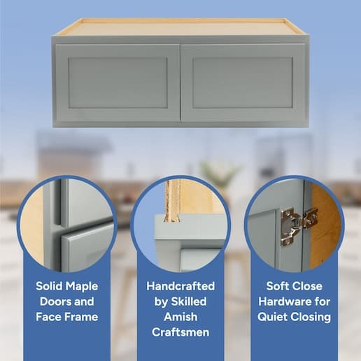 handcrafted by skilled amish craftsmen, soft close hardware, solid maple doors, face frame, and drawer front