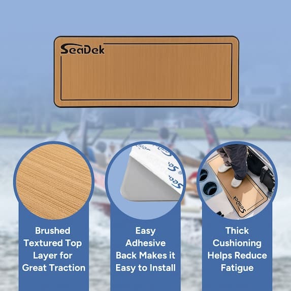 brushed textured top layer for great traction, easy adhesive back makes it easy to install, thick cushioning helps reduce fatigue