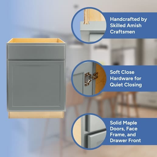 handcrafted by skilled amish craftsmen, soft close hardware, solid maple doors, face frame, and drawer front