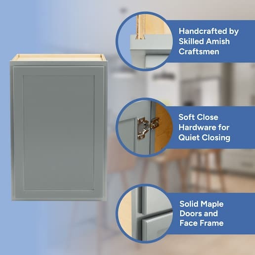 handcrafted by skilled amish craftsmen, soft close hardware, solid maple doors, face frame, and drawer front