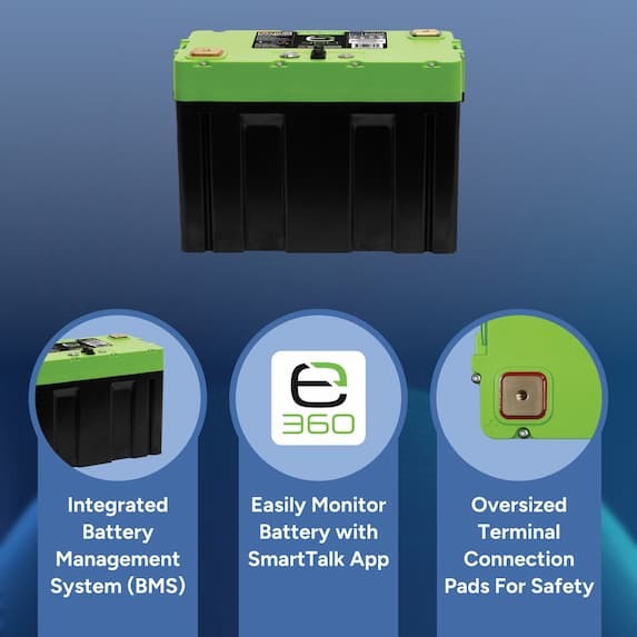 integrated battery management system, easily monitor battery with smarttalk app, oversized terminal connection pads for safety