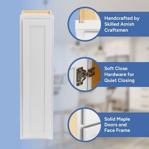 handcrafted by skilled amish craftsmen, soft close hardware, solid maple doors, face frame, and drawer front