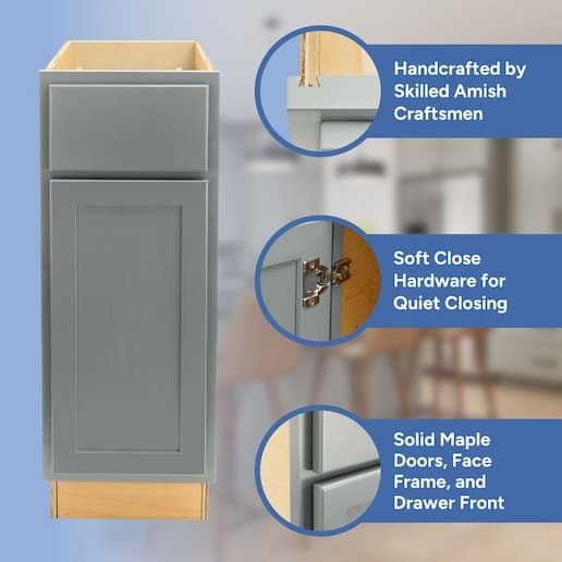 handcrafted by skilled amish craftsmen, soft close hardware, solid maple doors, face frame, and drawer front