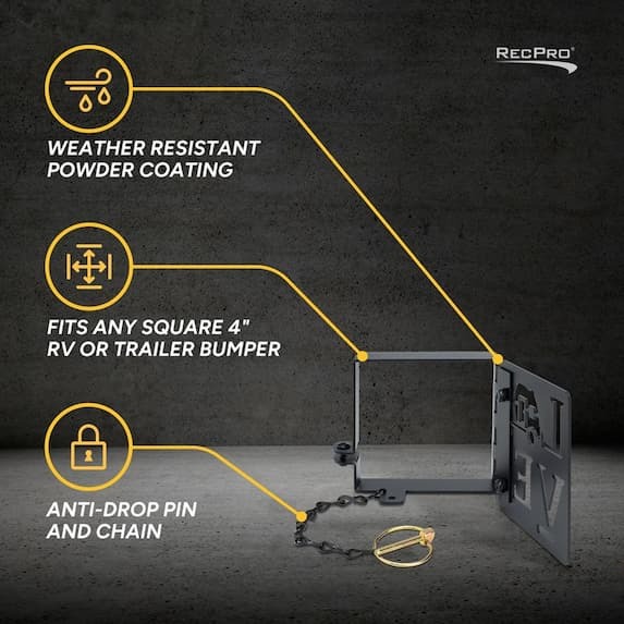 weather resistant powder coating, fits any square 4" rv or trailer bumper, anti-drop pin and chain