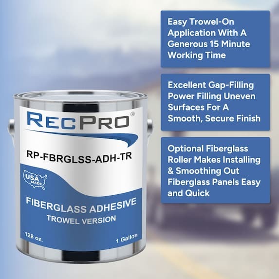 easy trowel-on application with a generous 15 minute working time, excellent gap filling power, optional fiberglass roller makes installing & smoothing out fiberglass panels easy and quick