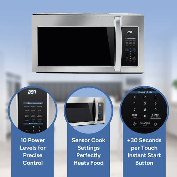 10 power levels for precise control, sensor cook settings perfectly heats food, +30 Seconds per touch instant start button 10 power levels for precise control, sensor cook settings perfectly heats food, +30 Seconds per touch instant start button