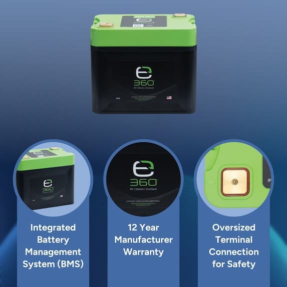 integrated battery management system, 12 year manufacturer warranty, oversized terminal connection for safety