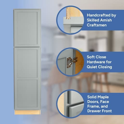 handcrafted by skilled amish craftsmen, soft close hardware, solid maple doors, face frame, and drawer front