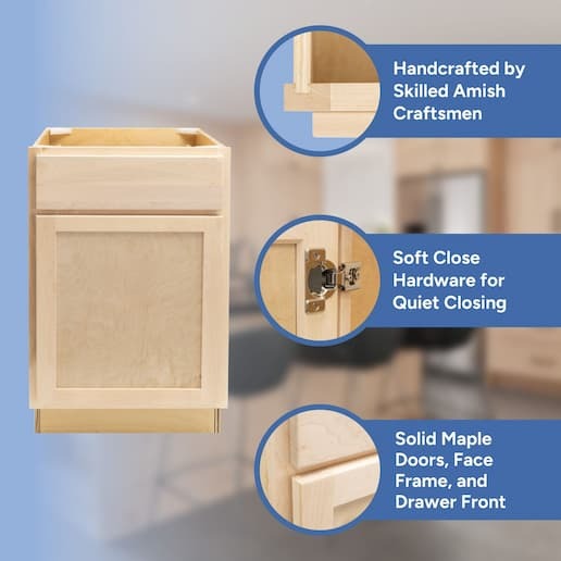 handcrafted by skilled amish craftsmen, soft close hardware, solid maple doors, face frame, and drawer front