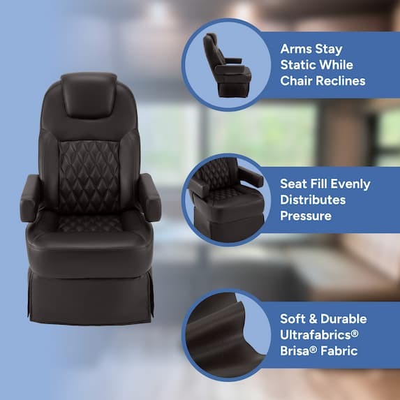 arms stay static while chair reclines, seat fill evenly distributes pressure, soft & durable ultrafabrics brisa fabric
