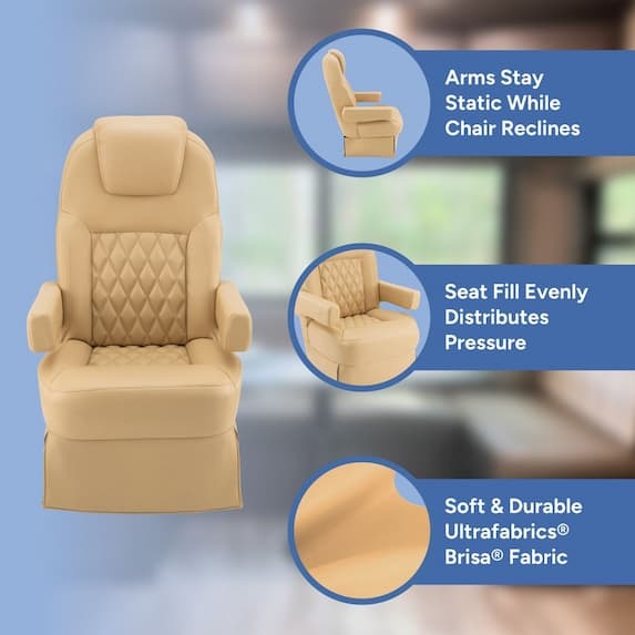 arms stay static while chair reclines, seat fill evenly distributes pressure, soft & durable ultrafabrics brisa fabric