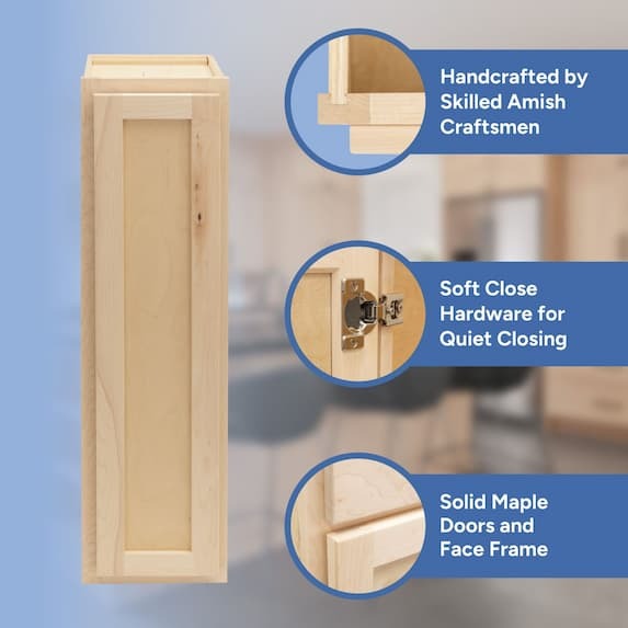 handcrafted by skilled amish craftsmen, soft close hardware, solid maple door and face frame