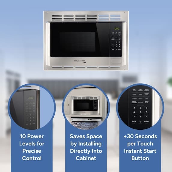 10 power levels for precise control, saves space by installing directly into cabinet, +30 seconds per touch instant start button