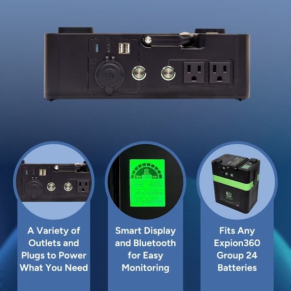 a variety of outlets and plugs to power what you need, smart display and bluetooth for easy monitoring, fits any expion360 group 24 batteries