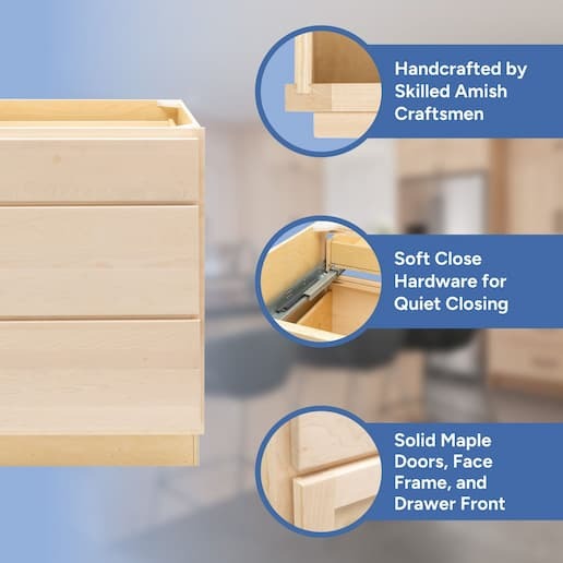handcrafted by skilled amish craftsmen, soft close hardware, solid maple doors, face frame, and drawer front