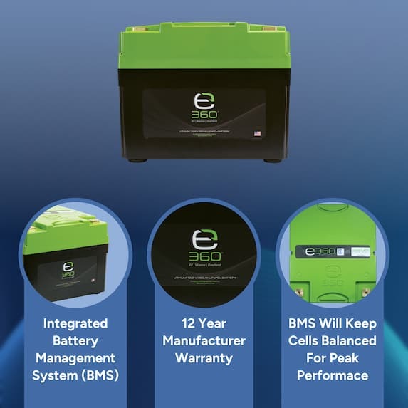 integrated battery management system, 12 year manufacturer warranty, BMS will keep cells balanced for peak performance