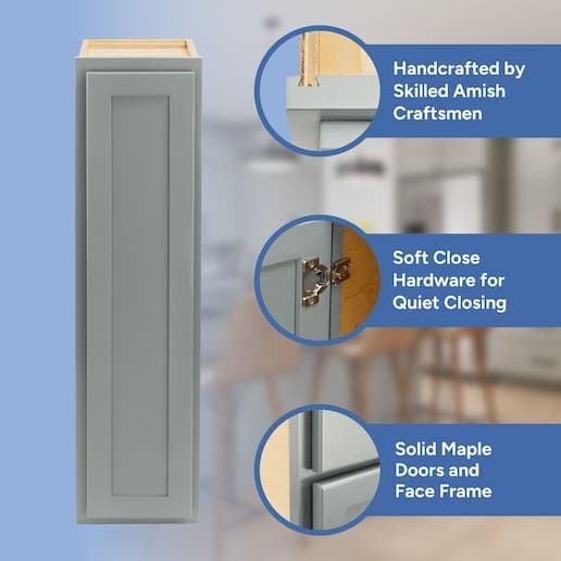 handcrafted by skilled amish craftsmen, soft close hardware, solid maple doors, face frame, and drawer front