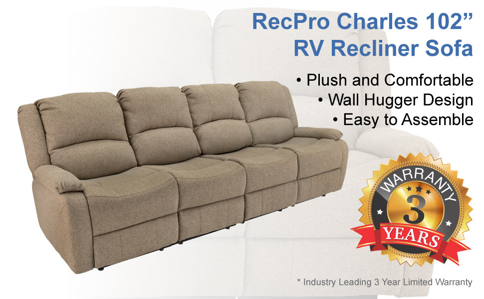 RecPro Charles 102 Quad Wall Hugger RV Recliner Sofa with Two Drop Down  Consoles - RecPro