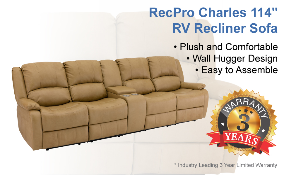 RecPro Charles 111 Quad Wall Hugger RV Recliner Sofa with Two Drop Down Consoles & Cup Holder Console