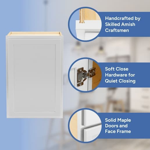 handcrafted by skilled amish craftsmen, soft close hardware, solid maple doors, face frame, and drawer front