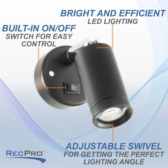 bright and efficient, built-in on/off, adjustable swivel