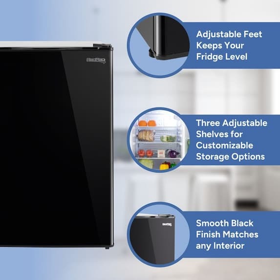 adjustable feet keeps your fridge level, three adjustable shelves for customizable storage options, smooth black finish