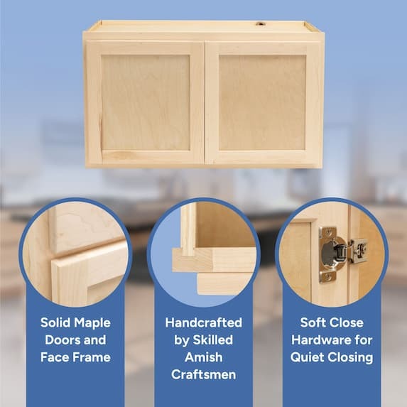 handcrafted by skilled amish craftsmen, soft close hardware, solid maple doors and face frame