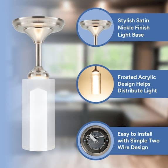 stylish satin nickel finish light base, frosted acrylic design helps distribute light, easy to install with simple two wire design