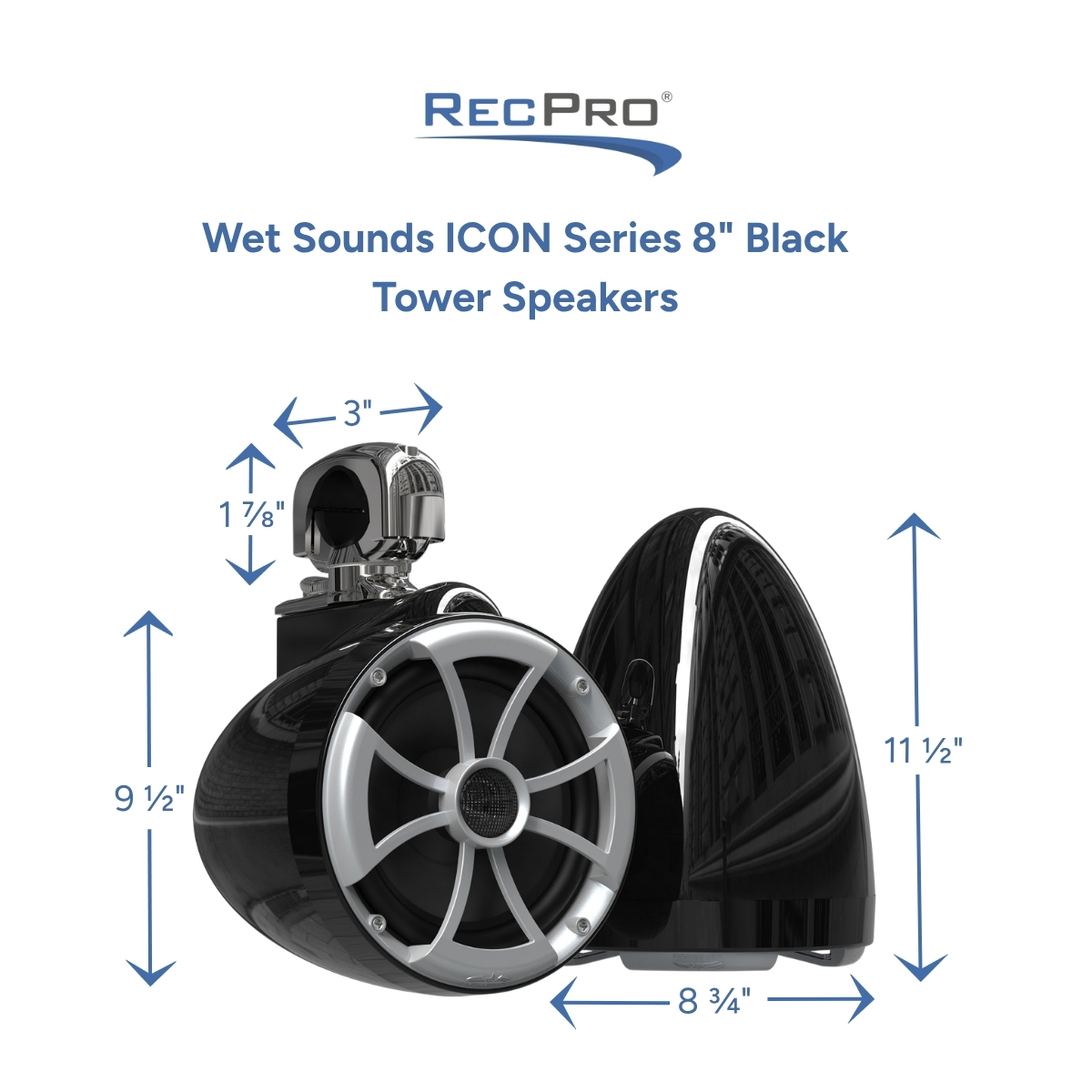 Wet Sounds ICON Series 8" Black Tower Speakers Measurements 