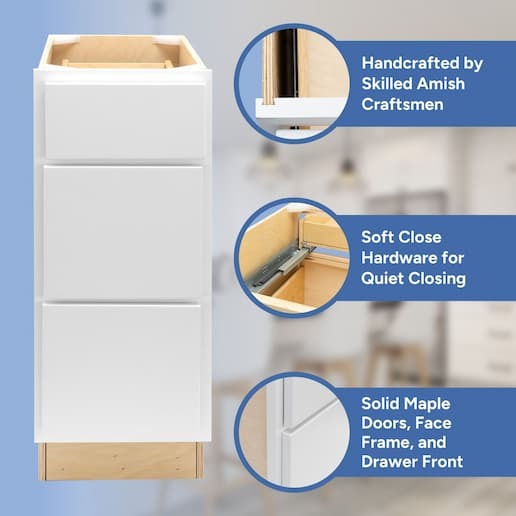 handcrafted by skilled amish craftsmen, soft close hardware, solid maple doors, face frame, and drawer front