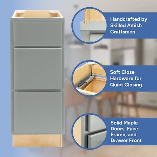 handcrafted by skilled amish craftsmen, soft close hardware, solid maple doors, face frame, and drawer front