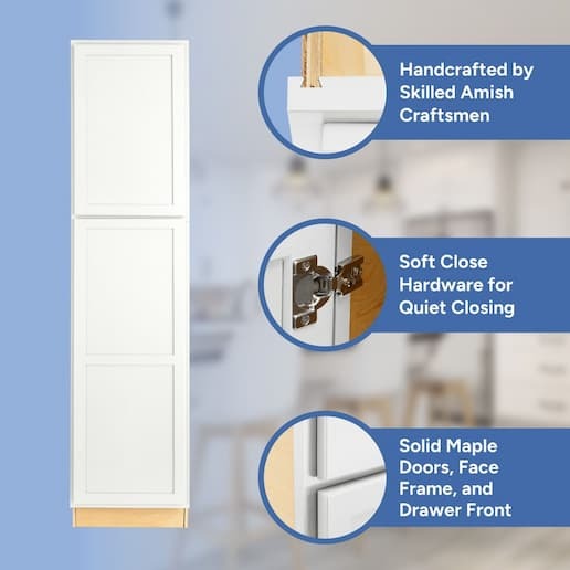 handcrafted by skilled amish craftsmen, soft close hardware, solid maple doors, face frame, and drawer front