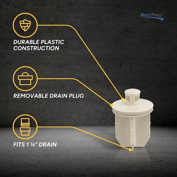 durable plastic construction, removable drain plug, fits 1 1/4" drain