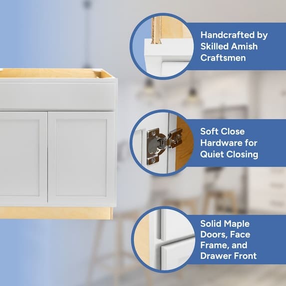 handcrafted by skilled amish craftsmen, soft close hardware, solid maple doors, face frame, and drawer front