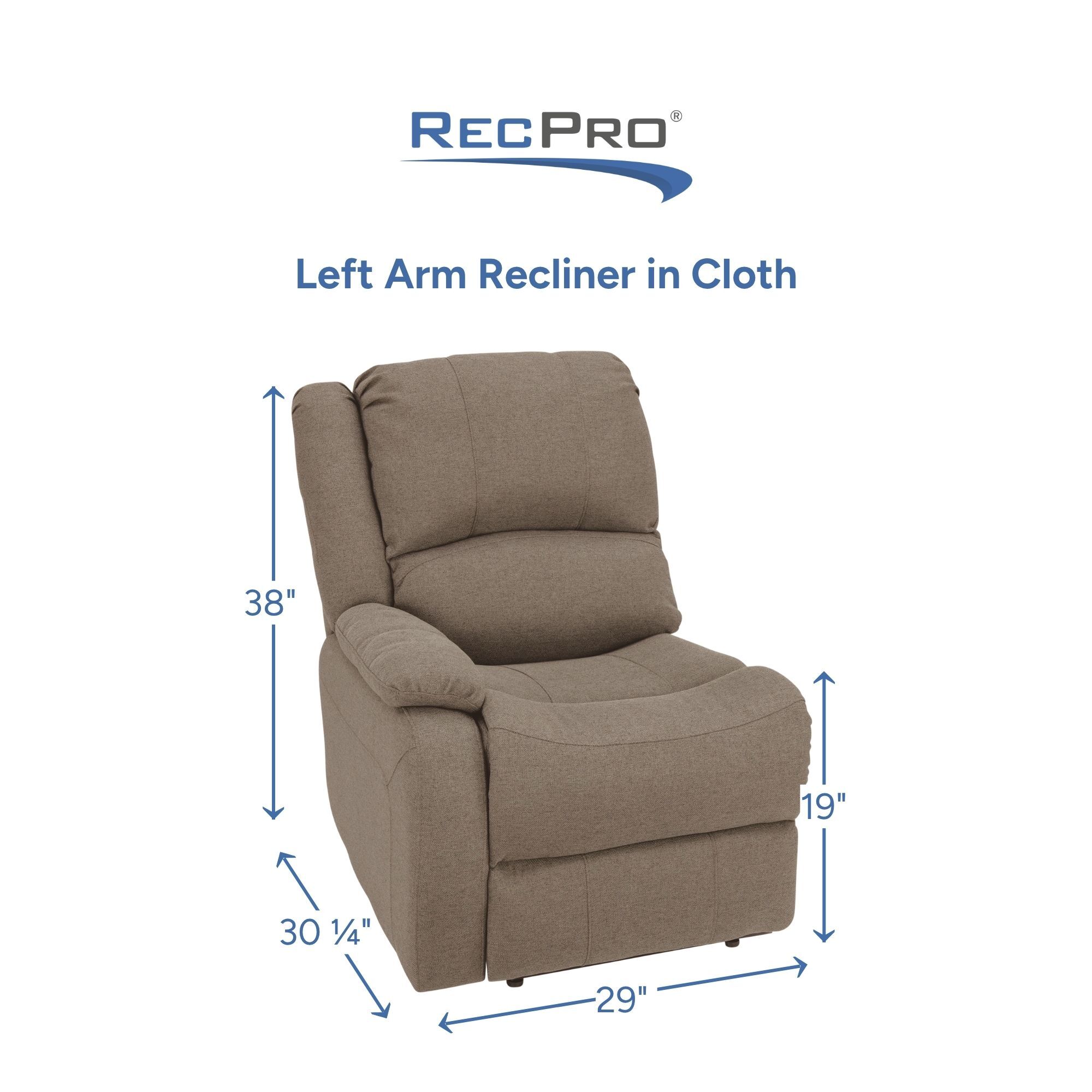 Left Arm Recliner in Cloth Measurements 