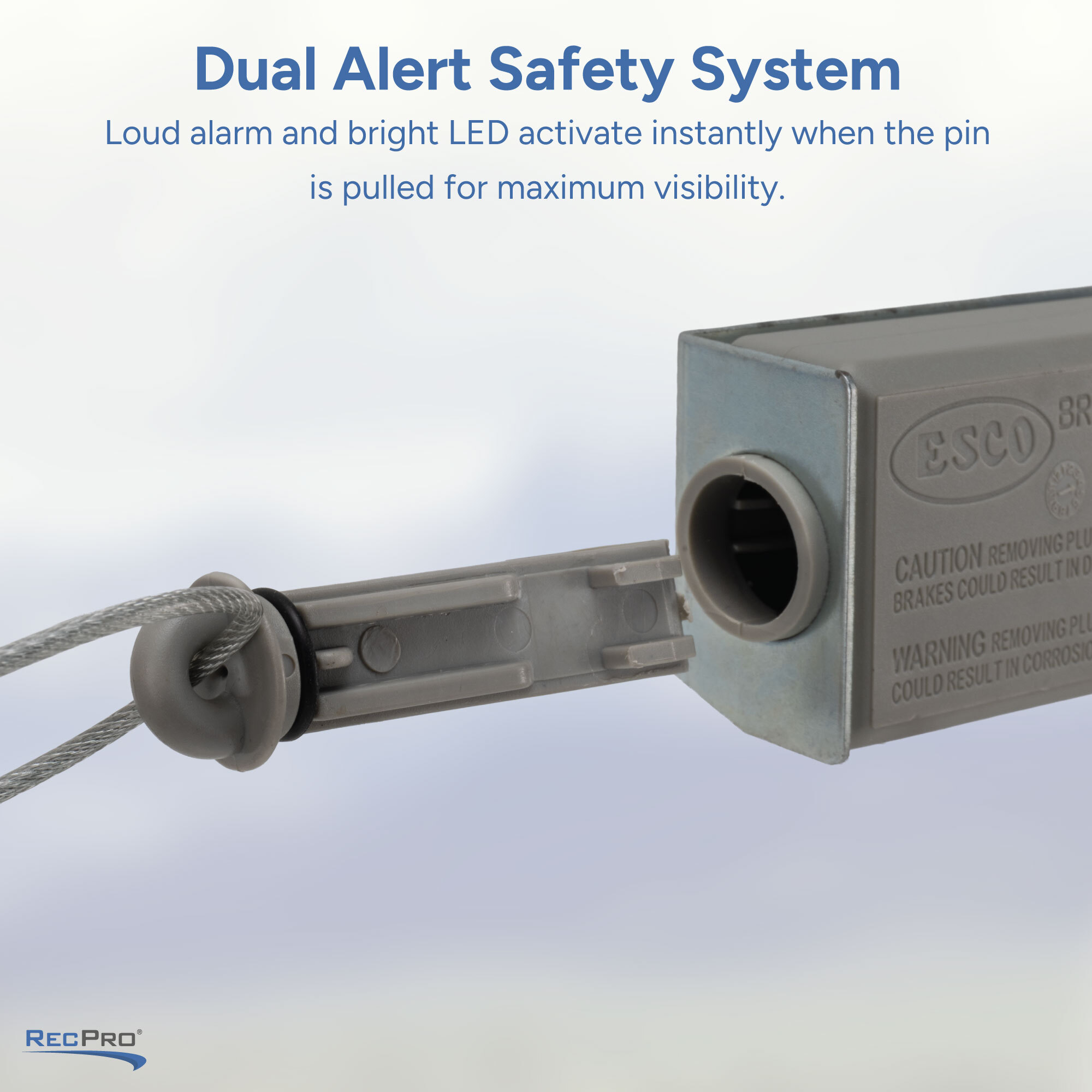 Dual Alert Safety System. Loud alarm and bright LED activate when the pin is pulled for maximum visibility. 