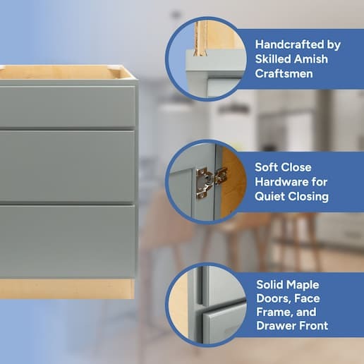 handcrafted by skilled amish craftsmen, soft close hardware, solid maple doors, face frame, and drawer front