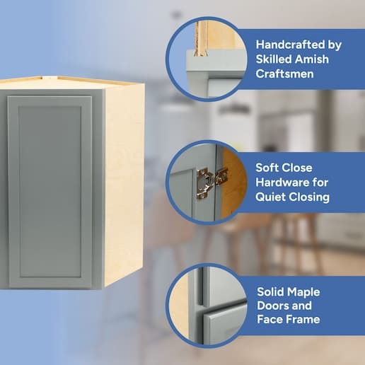 handcrafted by skilled amish craftsmen, soft close hardware, solid maple doors, face frame, and drawer front