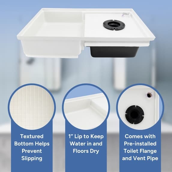 textured bottom to help prevent slipping, 1" lip to keep water in and floors dry, comes with pre-installed toilet flange and vent pipe