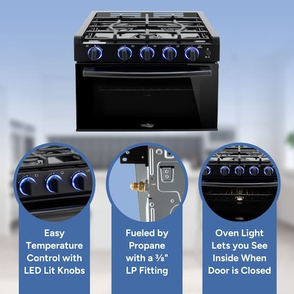 easy temperature control with LED lit up knobs, oven light lets you see inside when door is closed, fueled by propane with a 3/8" LP Fitting