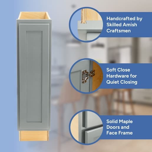 handcrafted by skilled amish craftsmen, soft close hardware, solid maple doors, face frame, and drawer front