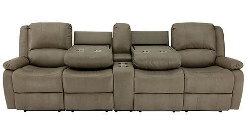 RecPro Charles 111 Quad Wall Hugger RV Recliner Sofa with Two Drop Down Consoles & Cup Holder Console