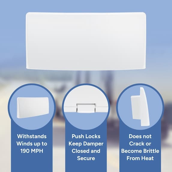 withstands winds up to 190 mph, push locks keeps damper closed and secure, does not crack or become brittle from heat withstands winds up to 190 mph, push locks keeps damper closed and secure, does not crack or become brittle from heat