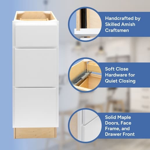 handcrafted by skilled amish craftsmen, soft close hardware, solid maple doors, face frame, and drawer front