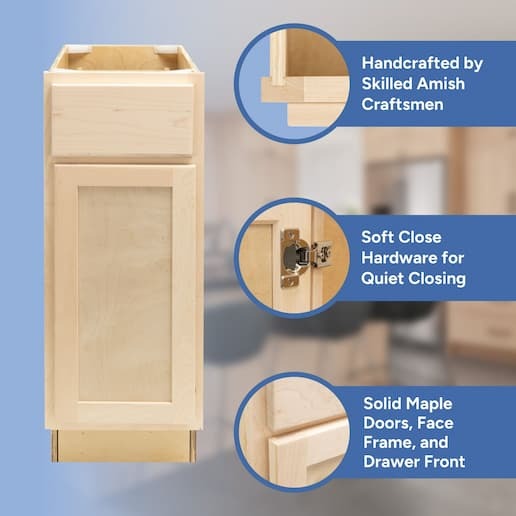 handcrafted by skilled amish craftsmen, soft close hardware, solid maple doors, face frame, and drawer front