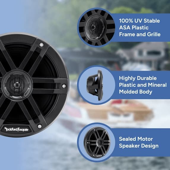 100% UV Stable Plastic Frame and Grille, Highly durable plastic and mineral molded body, sealed motor speaker design