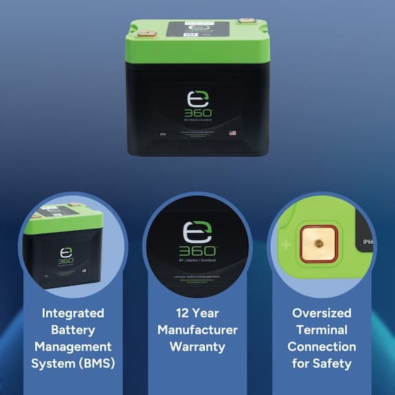 integrated battery management system, 12 year manufacturer warranty, oversized terminal connection for safety