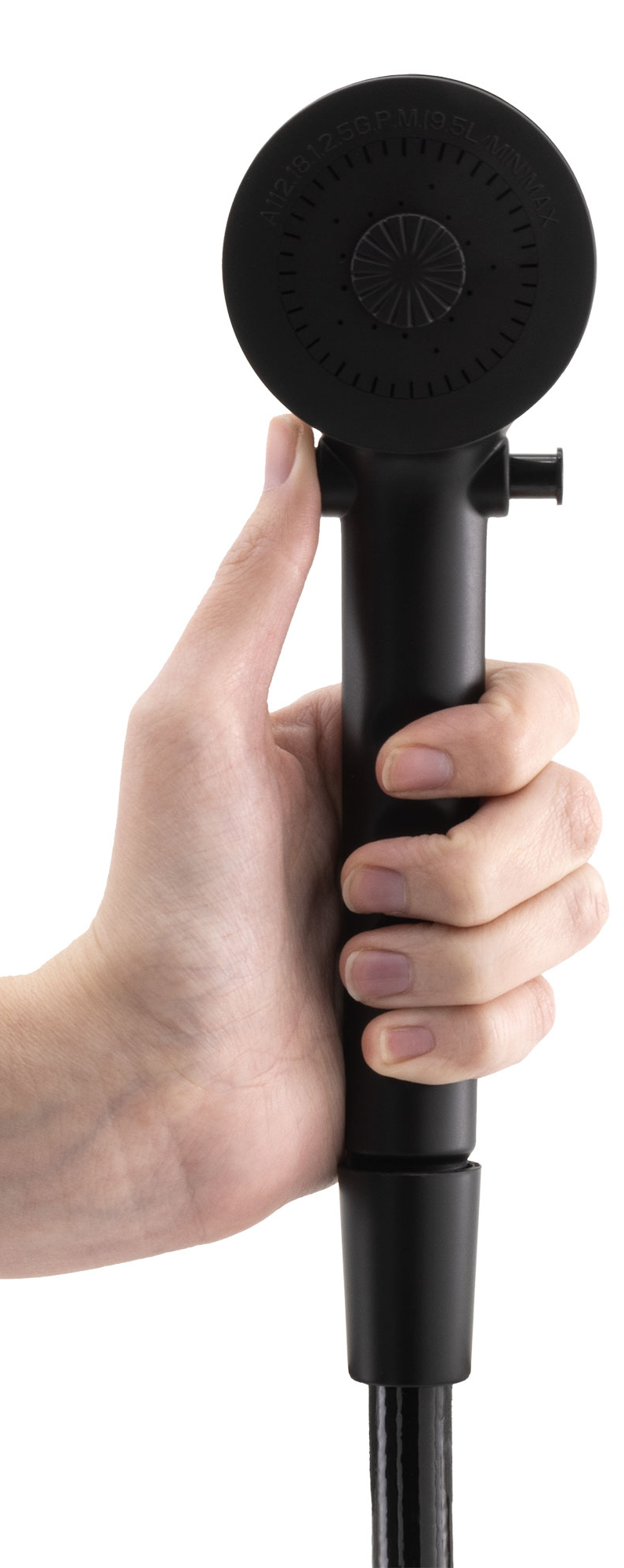 A hand pressing the shut off on the shower head.