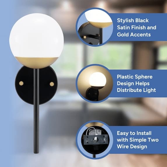 stylish black satin finish and gold accent ring, plastic sphere design helps distribute light, easy to install with simple two wire design