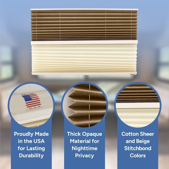 proudly made in the USA, thick opaque material for nighttime privacy, cotton sheer and beige stitchbond colors